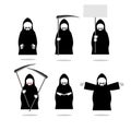 Set deaths in overalls. Grim Reaper in different poses. Skeleton Royalty Free Stock Photo