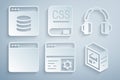 Set Debugging, Headphones, Browser window, Computer, Books about programming and Server, Data, Web Hosting icon. Vector Royalty Free Stock Photo