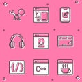 Set Debugging, Software, Mobile Apps, Headphones, Create account screen, Keyboard, Programming language syntax and icon Royalty Free Stock Photo