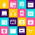 Set Debugging, System, Binary code, Books about programming, Headphones, Laptop, Coffee cup go and Mobile Apps icon Royalty Free Stock Photo