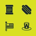 Set Declaration of independence, Patriotic American top hat, flag and Hotdog sandwich icon. Vector