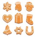 Set of decorated gingerbread cookies different shape, holiday treat, snowflake, mitten, snowman, heart, vector