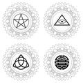 Set of mandalas with esoteric symbols, black and white, isolated.