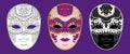 Set of 3 decorated Venetian carnival masks on a purple background