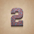 set of decorated wooden numbers, 3d rendering, two