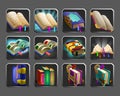 Set of decoration icons for games. Collection of magic books.