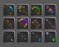 Set of decoration icons for games. Collection of medieval bow, crossbow, arrow and quiver.