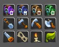 Set of decoration icons for games. Tools, bags, candle, rope.