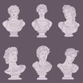 Set of decorative ancient Greek statues of men and women, goddesses and heroes. Royalty Free Stock Photo