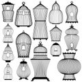Set of decorative black bird cage Silhouettes, isolated on white Royalty Free Stock Photo