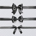 Set of decorative black bows with horizontal ribbon isolated on transparent background, bow and ribbon for gift decor, vector