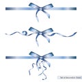 Set of decorative blue bows with horizontal ribbons on white background. Vector Illustration