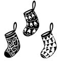 Set of decorative christmas socks in black color, vector illustration, isolated object on white background Royalty Free Stock Photo