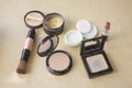 Set of decorative cosmetic powder, lipstick, blush