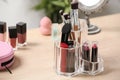 Set of decorative cosmetic products for makeup on table. Space for text Royalty Free Stock Photo