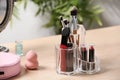 Set of decorative cosmetic products for makeup on table. Space for text Royalty Free Stock Photo