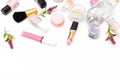 Set of decorative cosmetics on white background. Copy space