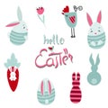 Set of decorative cute Easter bunnies and chickens Royalty Free Stock Photo