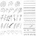 A set of decorative design elements hand drawn. Leaves, twigs, hearts, limiters, dividers, flowers, curls.