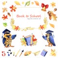 Set of decorative elements. Autumn Back to school theme. Yellow, orange leaves. Books, pencils, brush palette. Owl teacher, bell