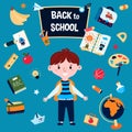 Set of decorative Elements for study. Banner Back To School with student boy in uniform with backpack.Education icons Royalty Free Stock Photo