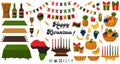 Set of decorative elements for traditional African American holiday Kwanzaa. Candleholder, Kinara, fruits, gift boxes Royalty Free Stock Photo