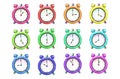 A set of decorative elements. Twelve multicolored spectral rainbow alarm clocks, showing the time, all of 12. Hand-drawn