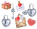 Set of decorative elements. Watercolor symbols of Valentine\'s Day