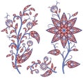 Set of decorative fantasy flowers, leaves and branches inspired indian paisley culture. Floral embroidery in oriental style.