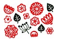 Set of decorative flowers and leaves on a white background. Printmaking style.