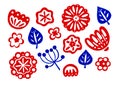 Set of decorative flowers and leaves on a white background. Printmaking style.