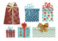 Set of decorative gift boxes, Christmas gifts, hand drawn watercolor Royalty Free Stock Photo