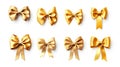 Set of decorative golden bows with horizontal yellow ribbon isolated on white background. Generative Ai Royalty Free Stock Photo