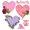 Set of 3 Decorative handdrawn floral hearts, calligraphic texts