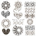 Set of decorative hearts, floral design elements, borders isolated on white background...