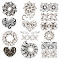 Set of decorative hearts, floral design elements, borders isolated on white background. Royalty Free Stock Photo