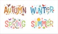 Set of decorative, illustrated words autumn, winter, spring and summer. Royalty Free Stock Photo