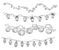 Set of decorative light garlands, party decoration vector line art Royalty Free Stock Photo