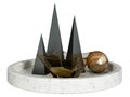 Set of decorative marble tray with metal pyramids, glass bowl and wooden ball. Home decor and accents. Home decorative