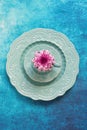 Set of decorative porcelain dishes and purple flower Royalty Free Stock Photo