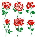 Set of decorative red rose silhouette with green leaves. Vector illustration. Flower icon Royalty Free Stock Photo