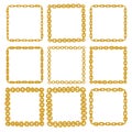 Set of 9 decorative square gold border frames. Royalty Free Stock Photo