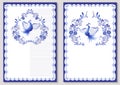 Set of decorative templates for greeting card or invitations with ornaments in the style of traditional porcelain painting. Blue p