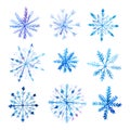 Set of decorative watercolor snowflakes Royalty Free Stock Photo