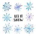 Set of decorative watercolor snowflakes Royalty Free Stock Photo