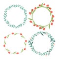 Set of decorative wreaths with fern and tulips and roses. Round vegetable frames.