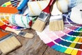 Set of decorator`s tools on wooden background, Royalty Free Stock Photo