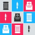 Set Decree, paper, parchment, scroll, Pen and Subpoena icon. Vector Royalty Free Stock Photo