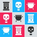 Set Decree, paper, parchment, scroll, Skull and Witch cauldron icon. Vector
