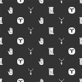 Set Decree, parchment, scroll, Aries zodiac, Hamsa hand and Necklace with crystal on seamless pattern. Vector Royalty Free Stock Photo